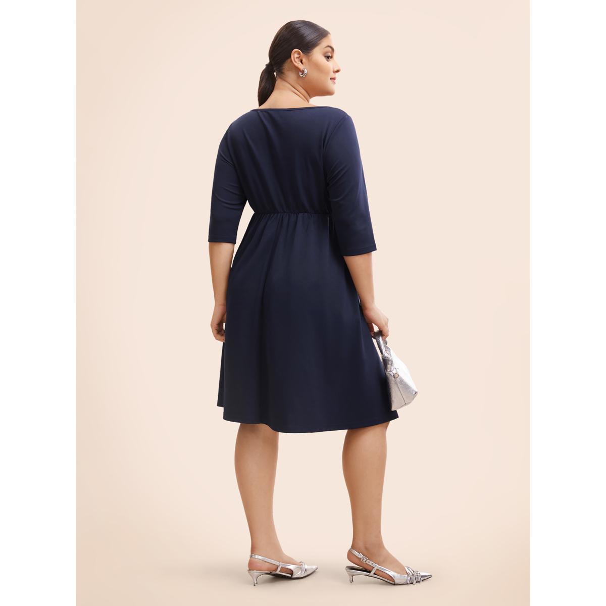 Plus Size Solid Cut Out Split Hem Dress Navy Women At the Office Cut-Out Boat Neck Elbow-length sleeve Curvy BloomChic 30/6X Product Image