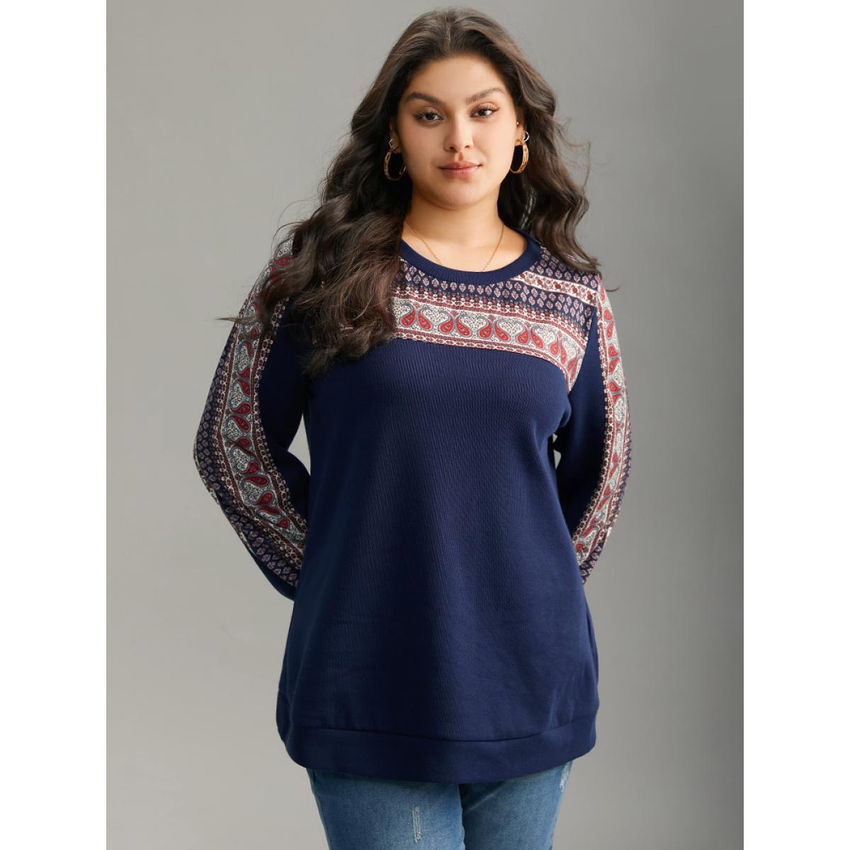 Plus Size Paisley Contrast Patchwork Rib Knit Sweatshirt Women DarkBlue Elegant Contrast Round Neck Dailywear Sweatshirts BloomChic 10/M Product Image
