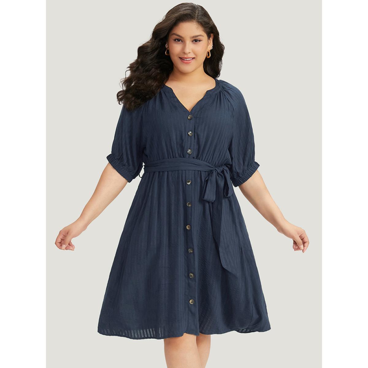 Plus Size Solid Button Through Notched Belted Dress Navy Women Office Elastic cuffs Notched collar Short sleeve Curvy Midi Dress BloomChic 30/6X Product Image