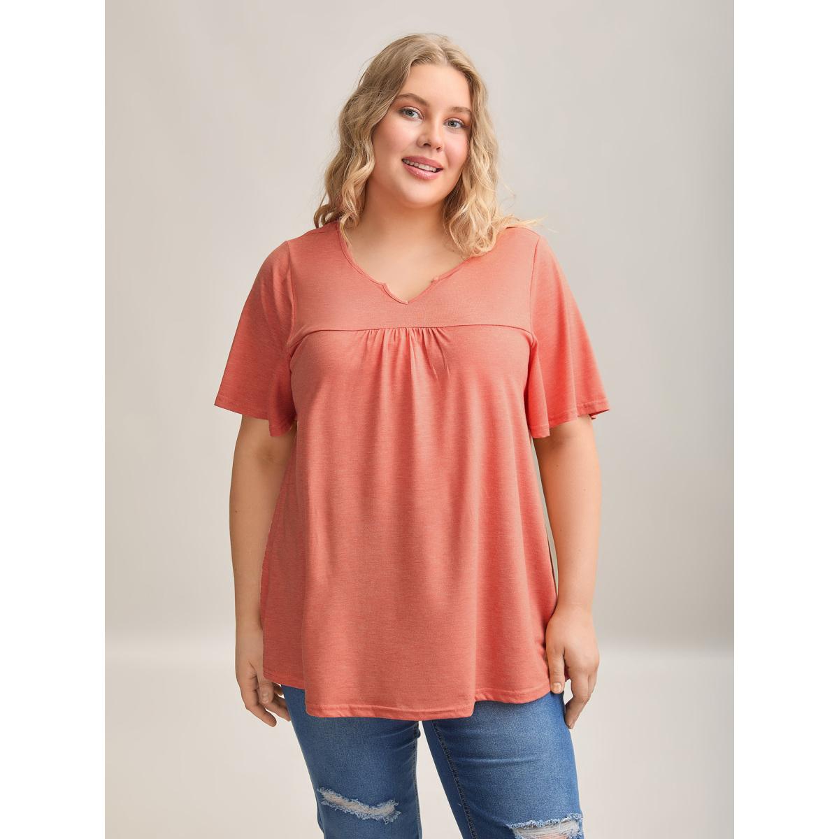 Plus Size Heathered Split Neckline Plain T-Shirt Coral Women Casual Gathered Notched collar Everyday T-shirts BloomChic 12/L Product Image
