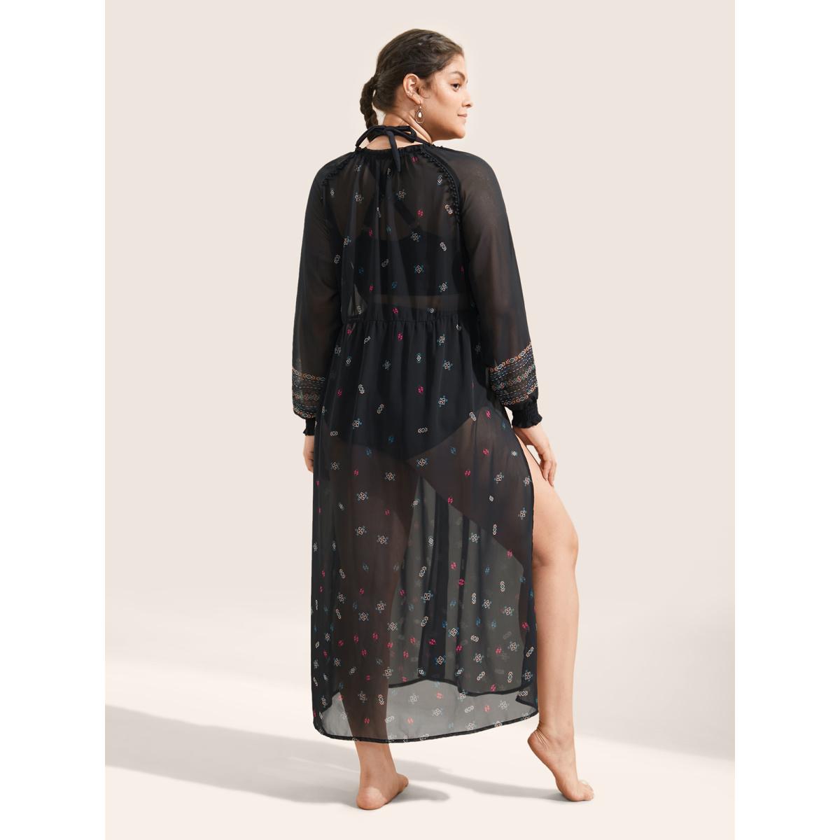 Plus Size Bandana Print Mesh Shirred Split Side Kimono Women Black Resort Shirred Vacation Kimonos BloomChic 18-20/2X Product Image