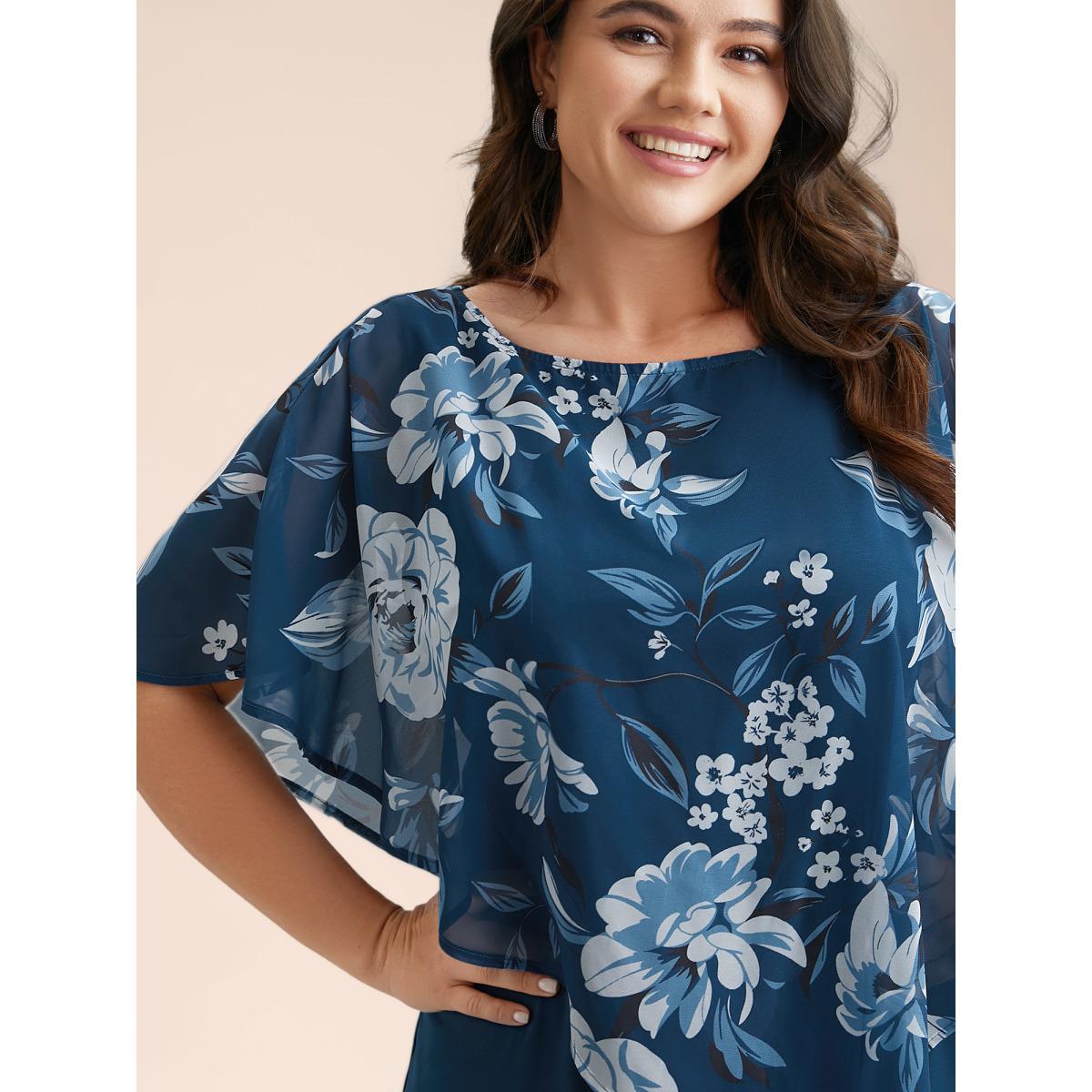 Plus Size Floral Print Cloak Tiered Midi Dress Aegean Women Elegant See through Round Neck Half Sleeve Curvy BloomChic 30/6X Product Image