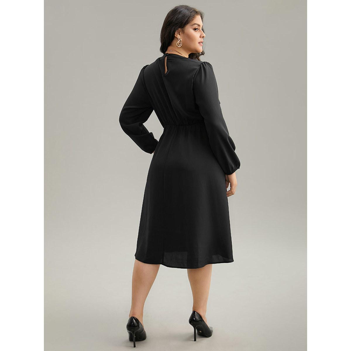 Plus Size Static-Free Metal Detail Plicated Detail Dress Black Women Office Elastic cuffs Round Neck Long Sleeve Curvy Midi Dress BloomChic 10/M Product Image