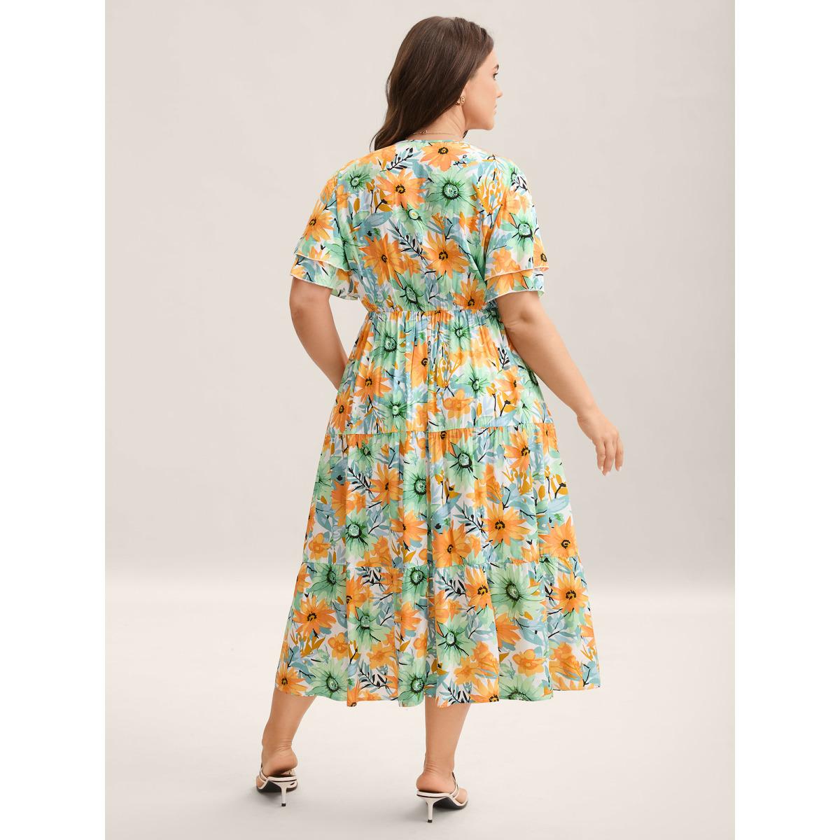 Plus Size Floral Print Rayon Pockets Tiered Midi Dress Beige Women V-neck Short sleeve Curvy BloomChic 10/M Product Image