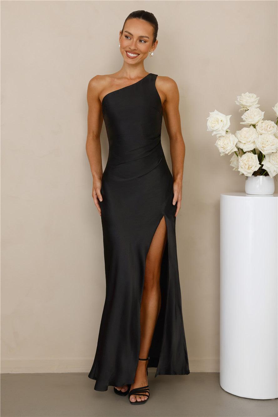 The Aurora One Shoulder Satin Maxi Dress Black Product Image