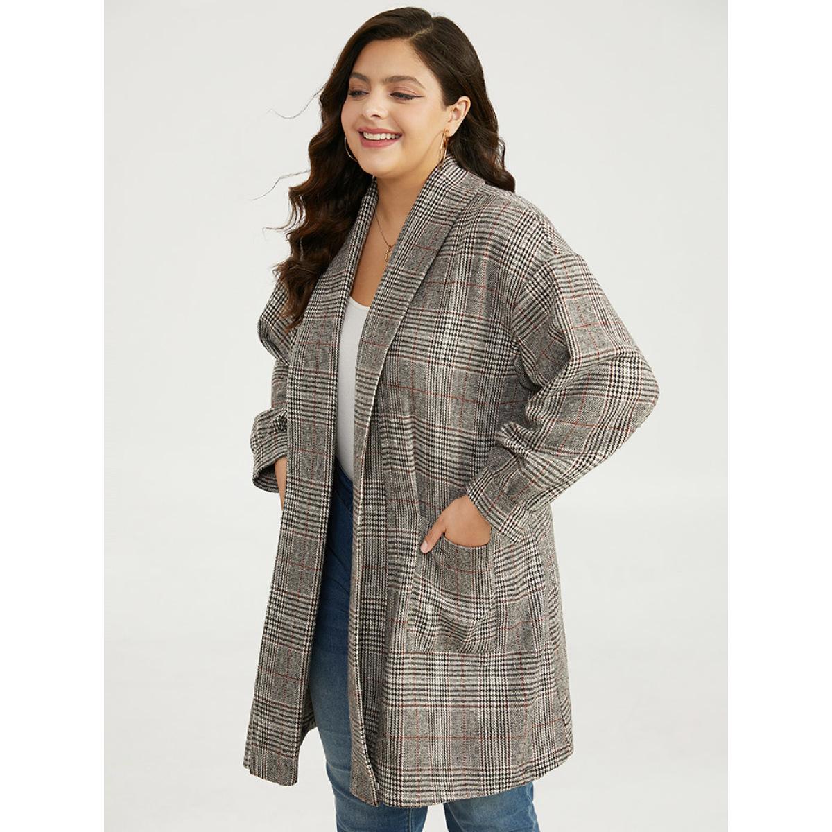 Plus Size Plaid Lapel Collar Patched Pocket Coat Women Tan Casual Texture Ladies Dailywear Winter Coats BloomChic 26/4X Product Image