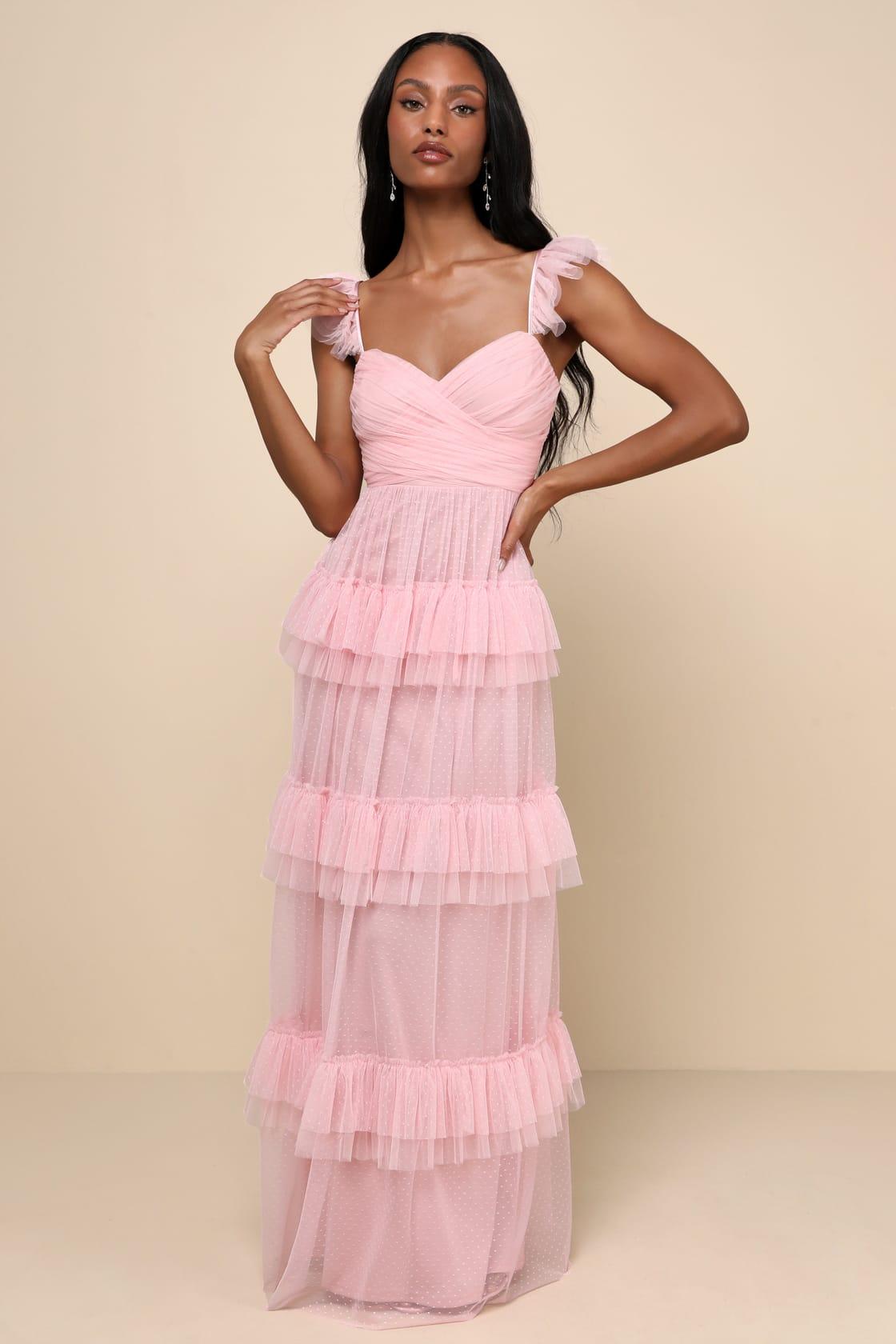 Pure Radiance Pink Mesh Swiss Dot Tiered Maxi Dress Product Image