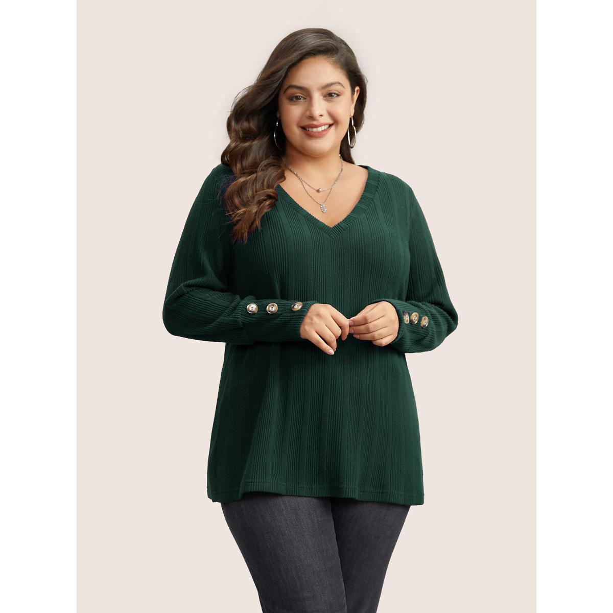 Plus Size Rib Knit V Neck Button Detail T-shirt Green Women Leisure Non Plain V-neck Casual T-shirts BloomChic 22-24/3X Product Image