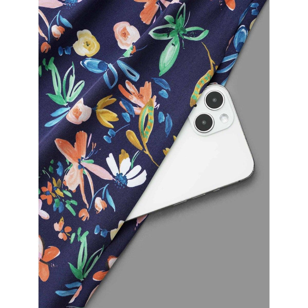 Plus Size Surplice Neck Floral Print Pocket Dress DarkBlue Women Elegant Non Overlap Collar Elbow-length sleeve Curvy BloomChic 28/5X Product Image