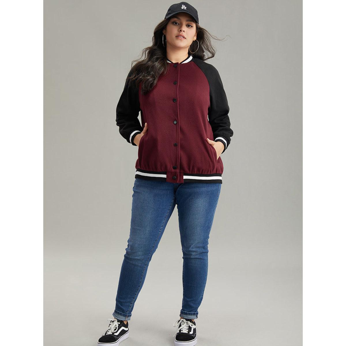 Plus Size Contrast Trim Pocket Button Fly Bomber Jacket Women Burgundy Contrast Pocket Dailywear Jackets BloomChic 18-20/2X Product Image