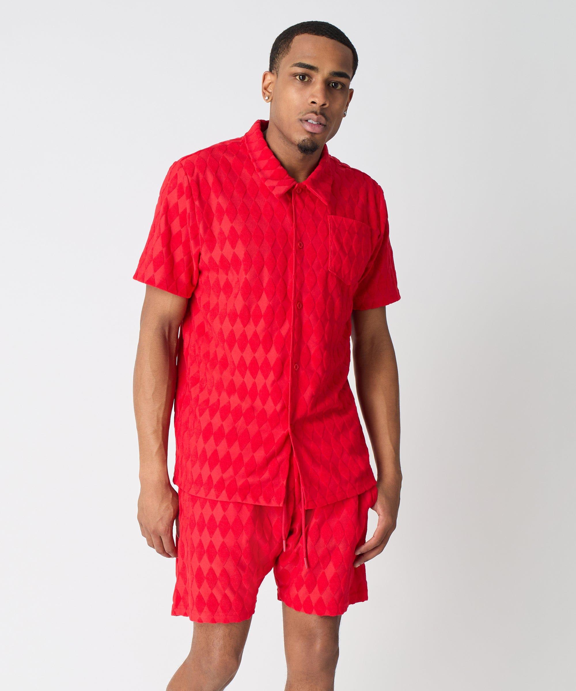 Diamond Plate Towel Color Blocked Short Sleeve Button Down Shirt - Red Product Image