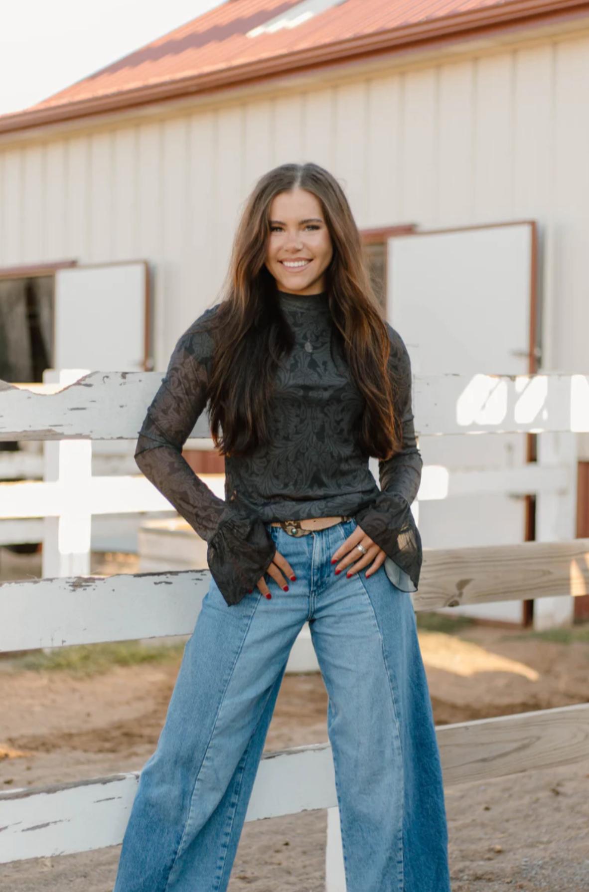 Sterling Kreek Tooled In Black Mesh Top Product Image