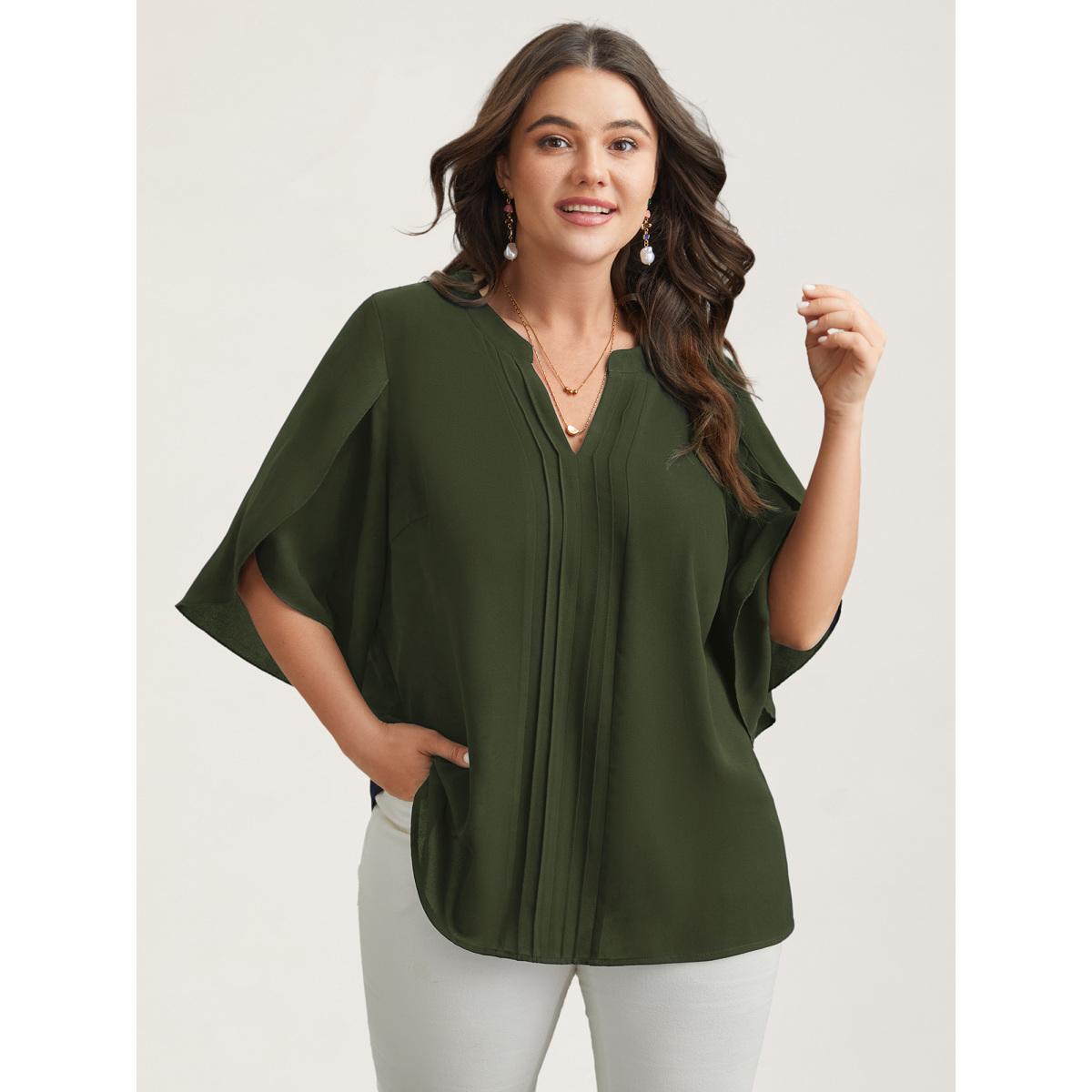 Plus Size ArmyGreen Petal Sleeve Toothpick Pleats Shirt Women At the Office Elbow-length sleeve Notched collar Work Blouses BloomChic 12/L Product Image