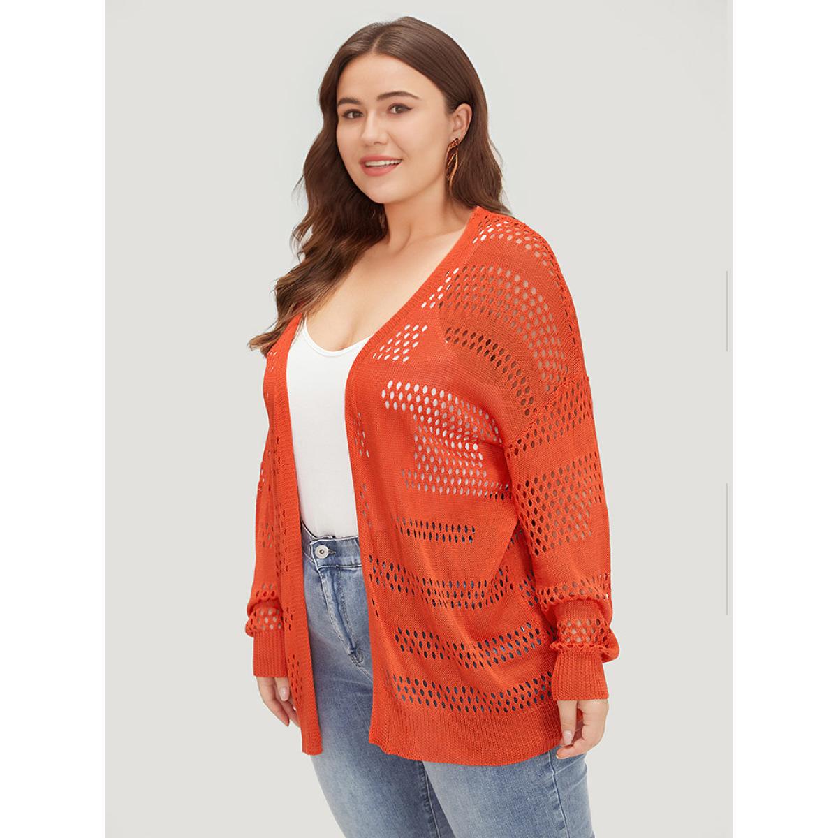 Plus Size Plain Open Front Elastic Sleeve Cut Out Cardigan Scarlet Women Casual Loose Long Sleeve Everyday Cardigans BloomChic 12/L Product Image