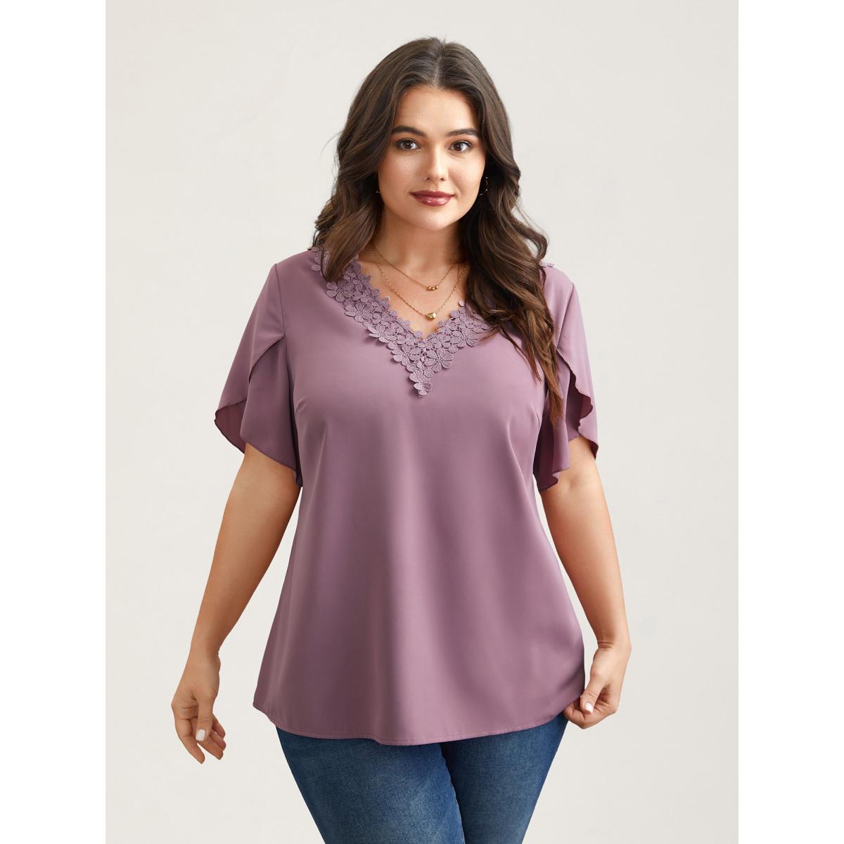 Plus Size Lilac Lace V-Neck Petal Sleeve Shirt Women Elegant Short sleeve V-neck Everyday Blouses BloomChic 22-24/3X Product Image