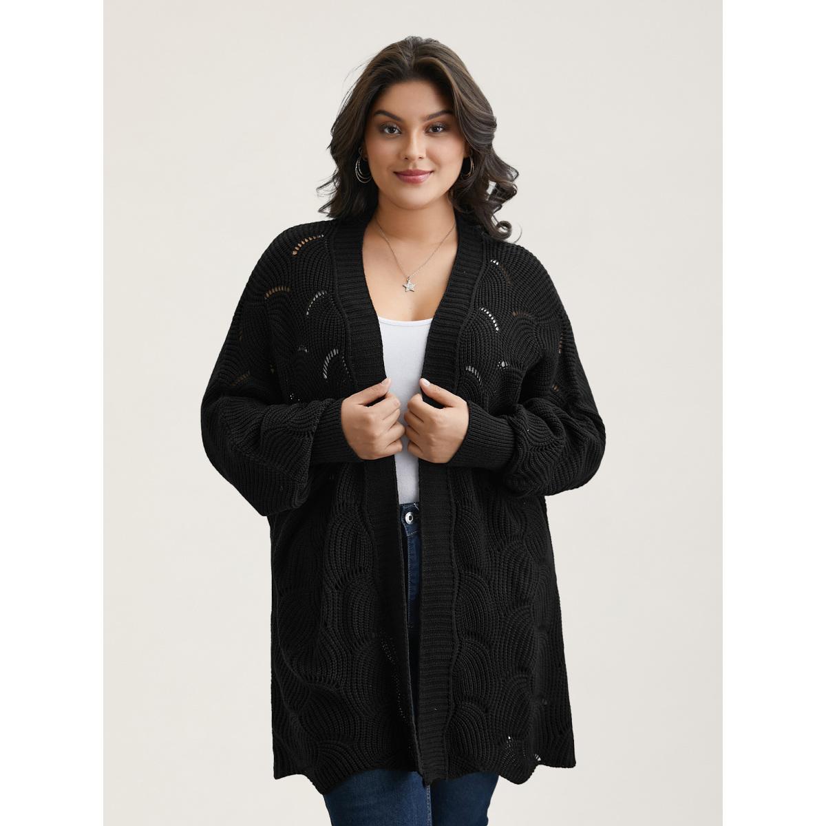 Plus Size Textured Cut-Out Open-Front Cardigan Black Women Leisure Loose Long Sleeve Casual Cardigans BloomChic 30/6X Product Image