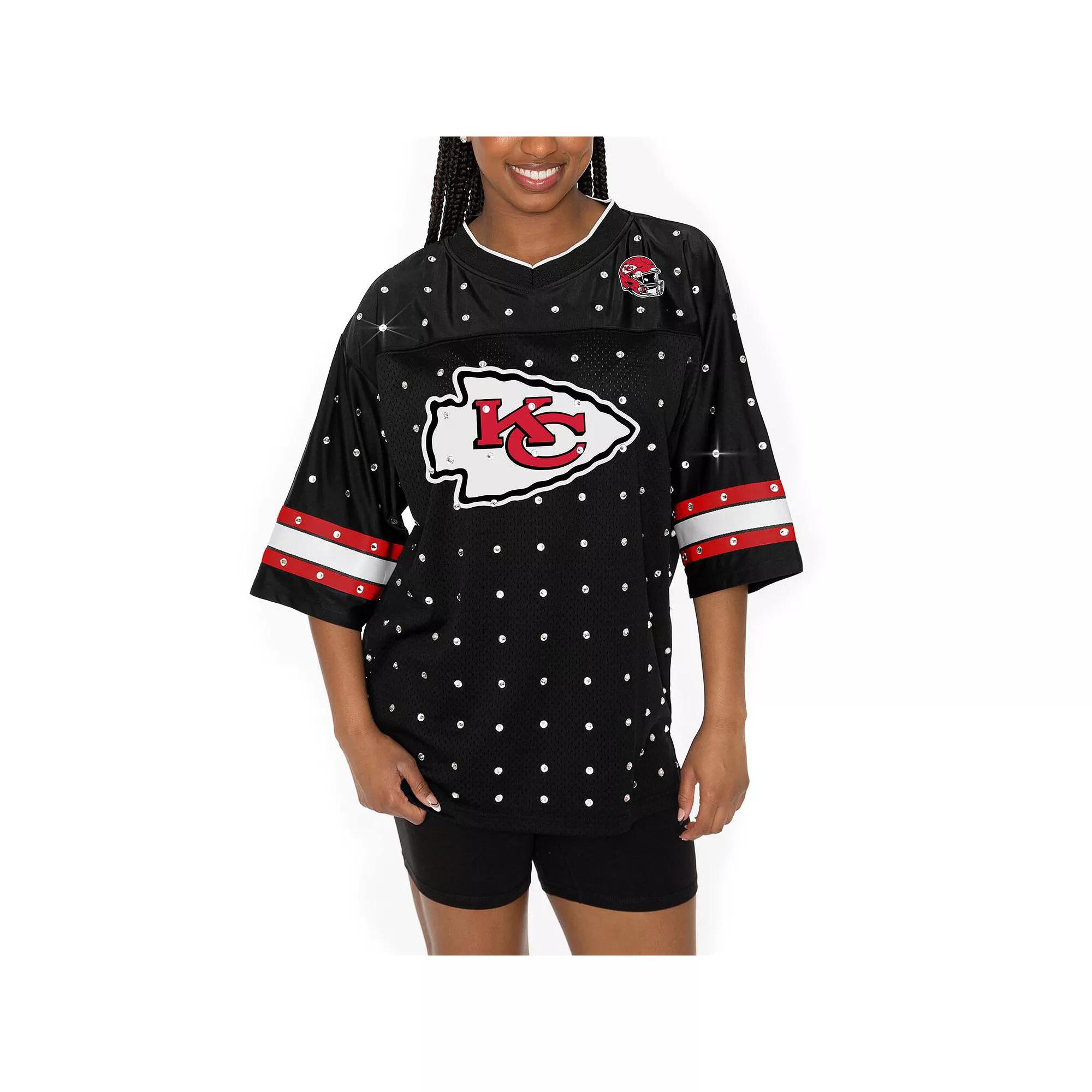 Women's Gameday Couture Black Kansas City Chiefs Kickoff Time Allover Rhinestone Sports Stripe Jersey V-Neck T-Shirt, Size: Medium Product Image