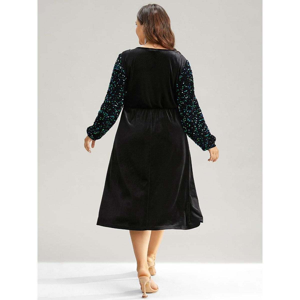 Plus Size Velvet Patchwork Sequin Elastic Waist Dress Black Women Party Velvet Scoop Neck Long Sleeve Curvy Midi Dress BloomChic 22-24/3X Product Image