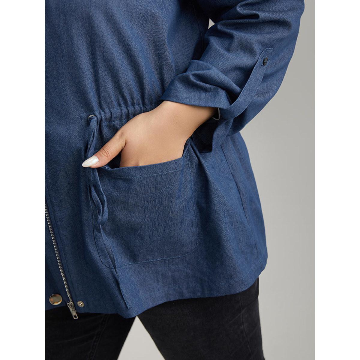 Plus Size Solid Drawstring Knot Zipper Windbreaker Women Indigo Plain Pocket Everyday Jackets BloomChic 12/L Product Image