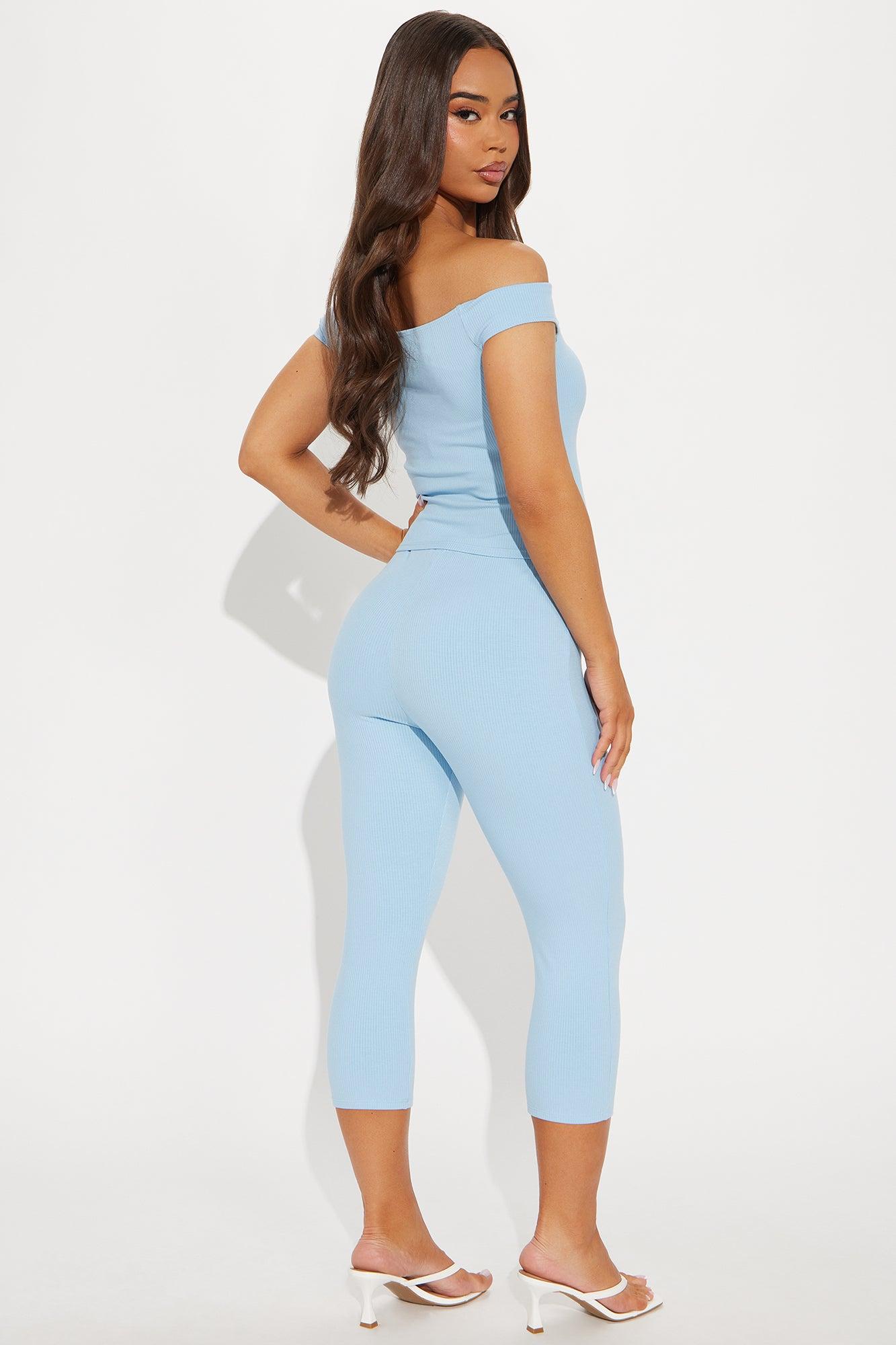 Clara Off Shoulder Ribbed Capri Set - Light Blue Product Image
