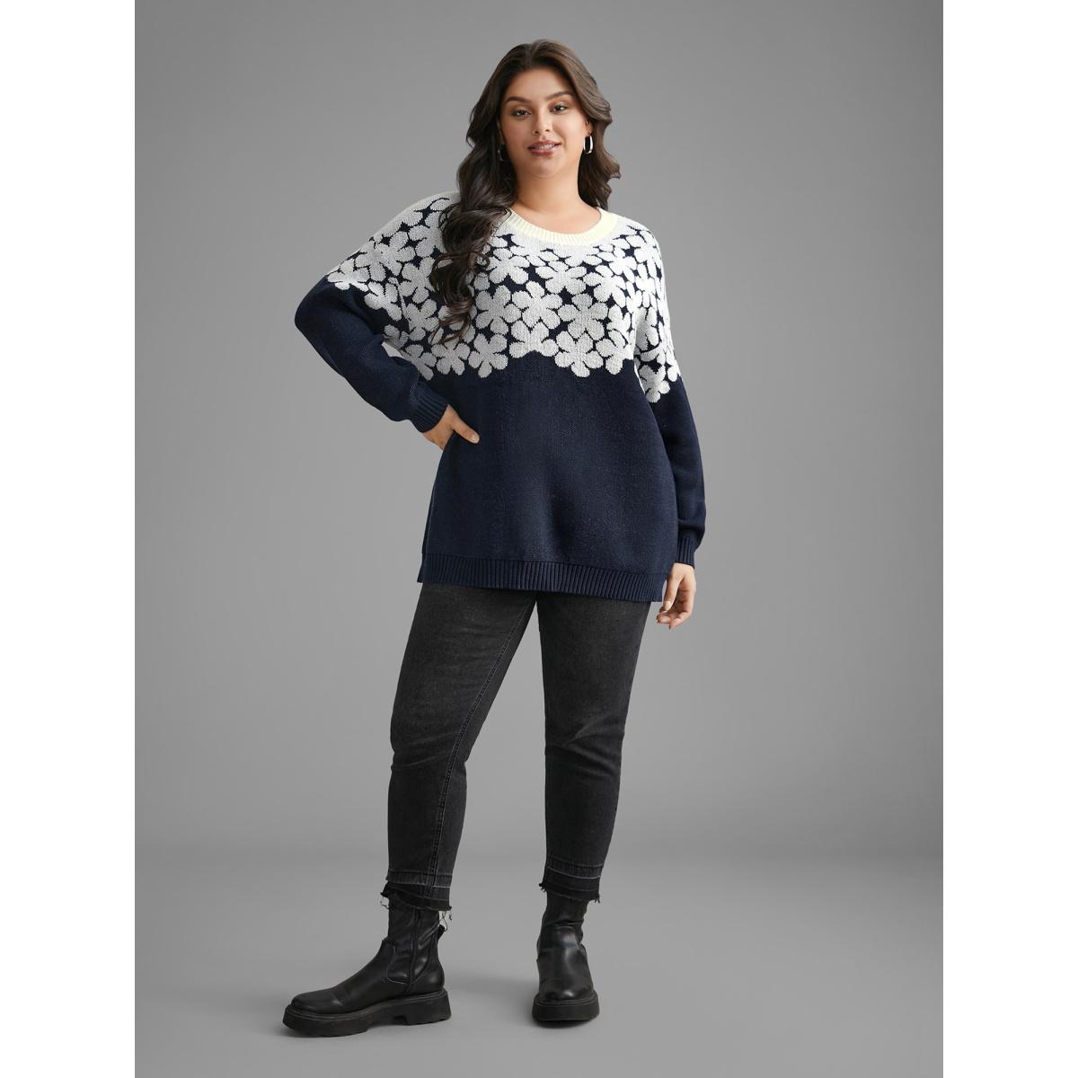 Plus Size Floral Contrast Patchwork Drop Shoulder Pullover Indigo Women Casual Loose Long Sleeve Round Neck Everyday Pullovers BloomChic 22-24/3X Product Image