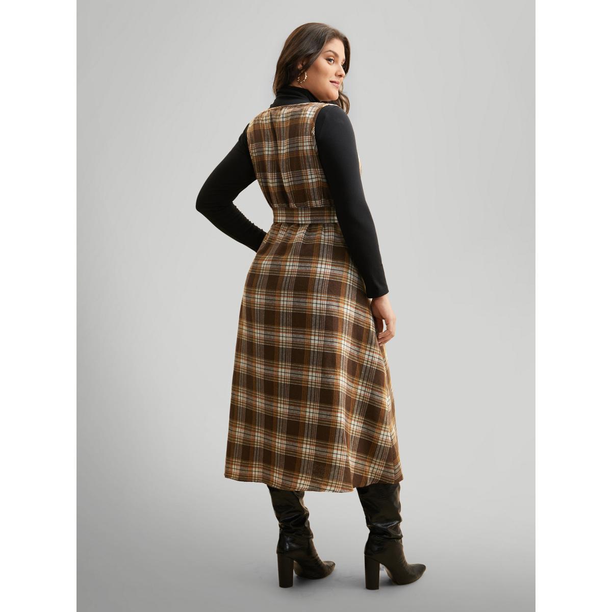 Plus Size Square Neck Plaid Belted Dress Browncoffeecolor Women Elegant Belted Square Neck Sleeveless Curvy BloomChic 14-16/1X Product Image