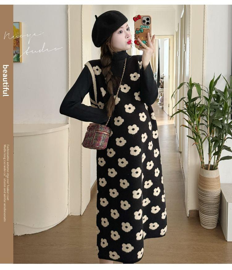 Maternity Long-Sleeve Turtleneck Plain Knit Top / Crew Neck Floral Print Contrast Trim Midi Jumper Dress Product Image