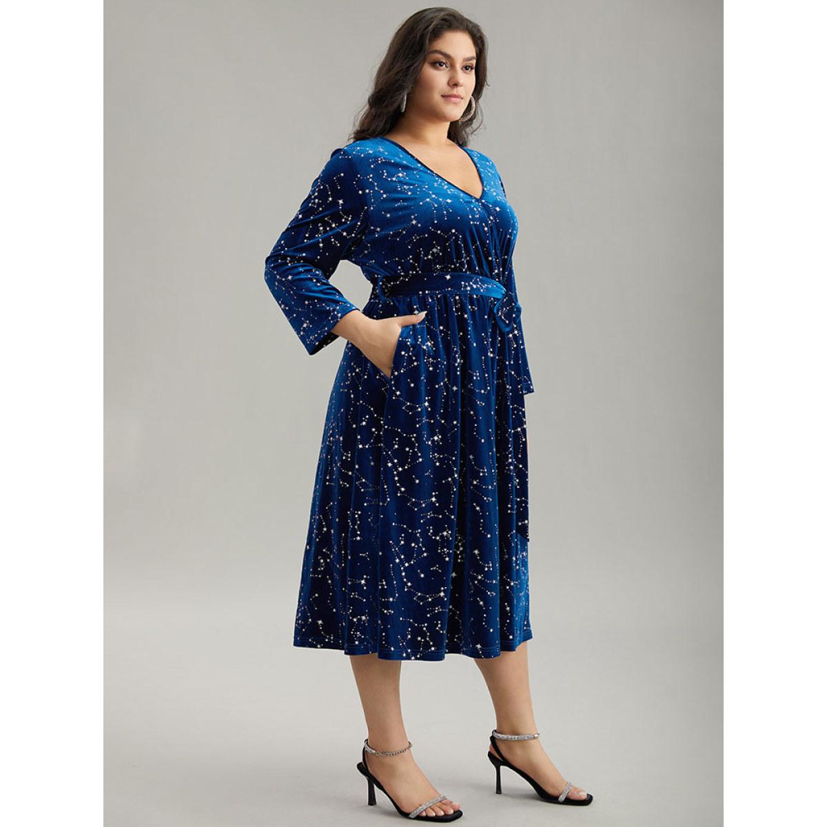 Plus Size Star Glitter Velvet Wrap Pocket Belted Dress DarkBlue Women Party Wrap Overlap Collar Long Sleeve Curvy Midi Dress BloomChic 14-16/1X Product Image
