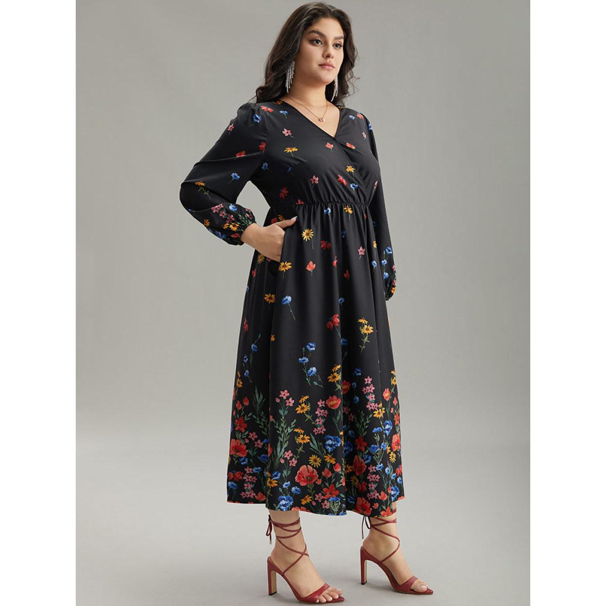 Plus Size Boho Print Overlap Collar Lantern Sleeve Dress Black Women Elegant Elastic cuffs Overlap Collar Long Sleeve Curvy Midi Dress BloomChic 18-20/2X Product Image
