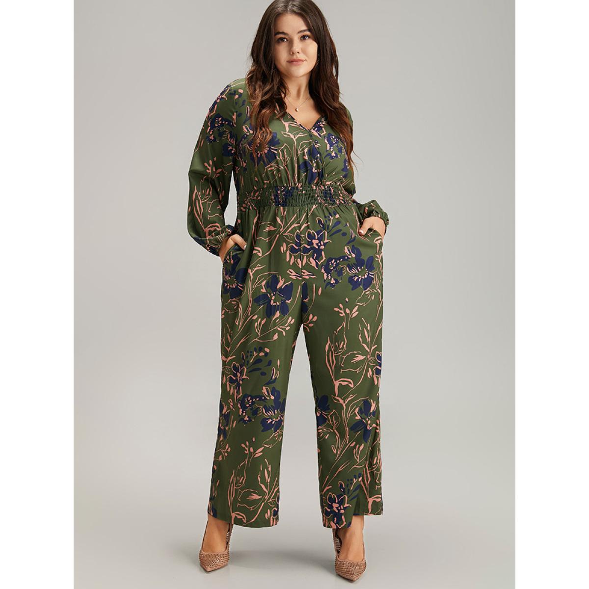 Plus Size Moss Silhouette Floral Print Shirred Elastic Cuffs Jumpsuit Women Resort Long Sleeve V-neck Vacation Loose Jumpsuits BloomChic 12/L Product Image