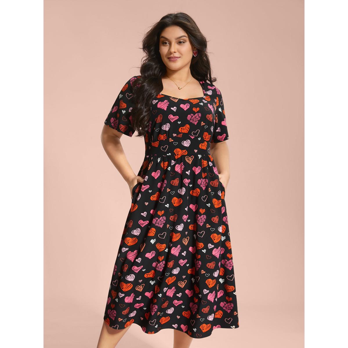Plus Size Heart Print Ruched Stretchy Waist Dress Black Women Timeless Gathered Heart neckline Short sleeve Curvy BloomChic 28/5X Product Image