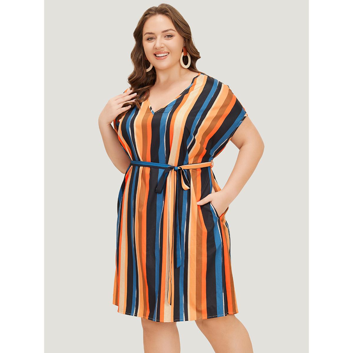 Plus Size Rainbow Striped Batwing Sleeve Pocket Belt Dress Multicolor Women Vacation Contrast V-neck Short sleeve Curvy Knee Dress BloomChic 30/6X Product Image
