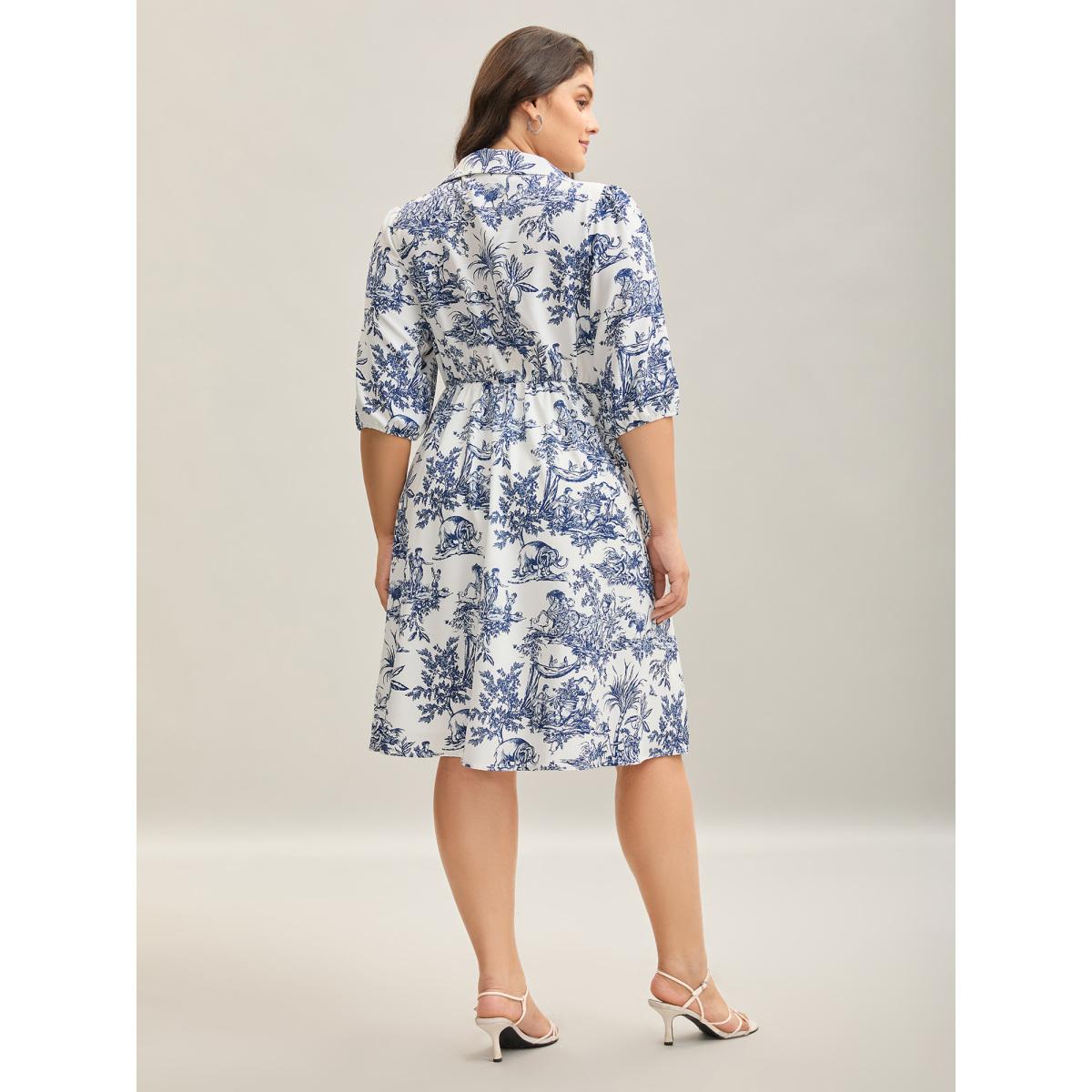 Plus Size Animal Print Button Pockets Midi Dress DarkBlue Women Elegant Shirt collar Half Sleeve Curvy BloomChic 14-16/1X Product Image