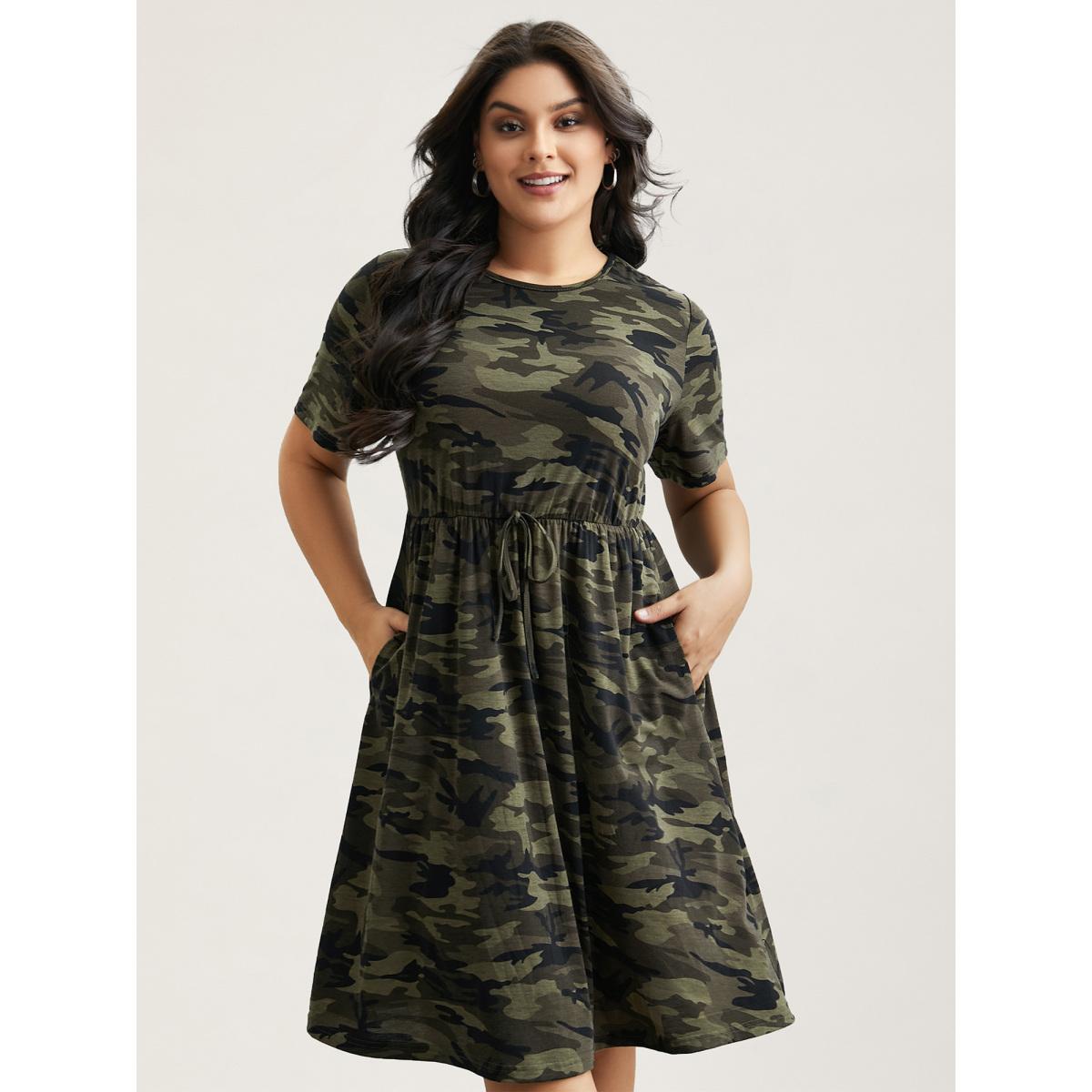 Plus Size Camouflage Print Round Neck Pockets Midi Dress ArmyGreen Women Leisure Tie knot Knit Dresses Bloomchic 22-24/3X Product Image