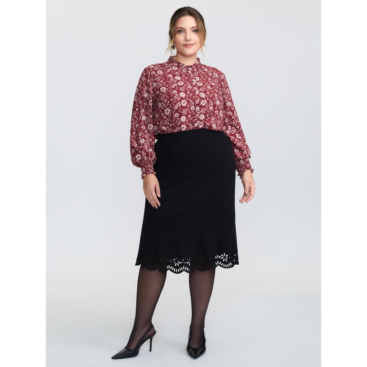 Plus Size Deepred Floral Ruffled Collar Button Front Blouse Women Timeless Long Sleeve Shirt collar Elegant Blouses BloomChic 26/4X Product Image