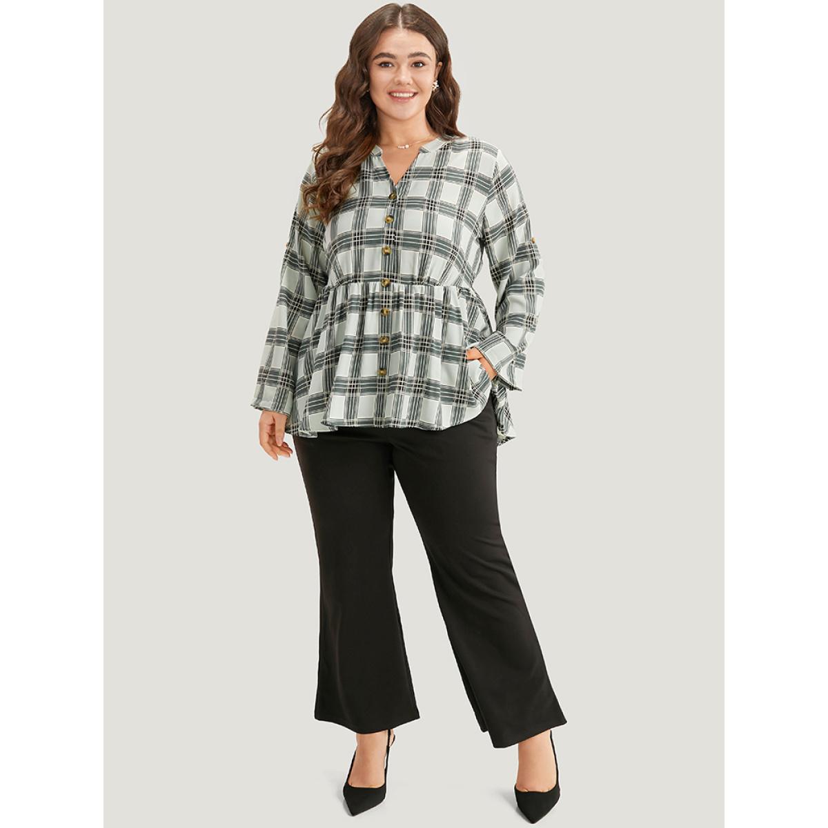 Plus Size SlateGray Plaid Notched Button Through Tab Sleeve Blouse Women Office Long Sleeve Shirt collar Work Blouses BloomChic 18-20/2X Product Image