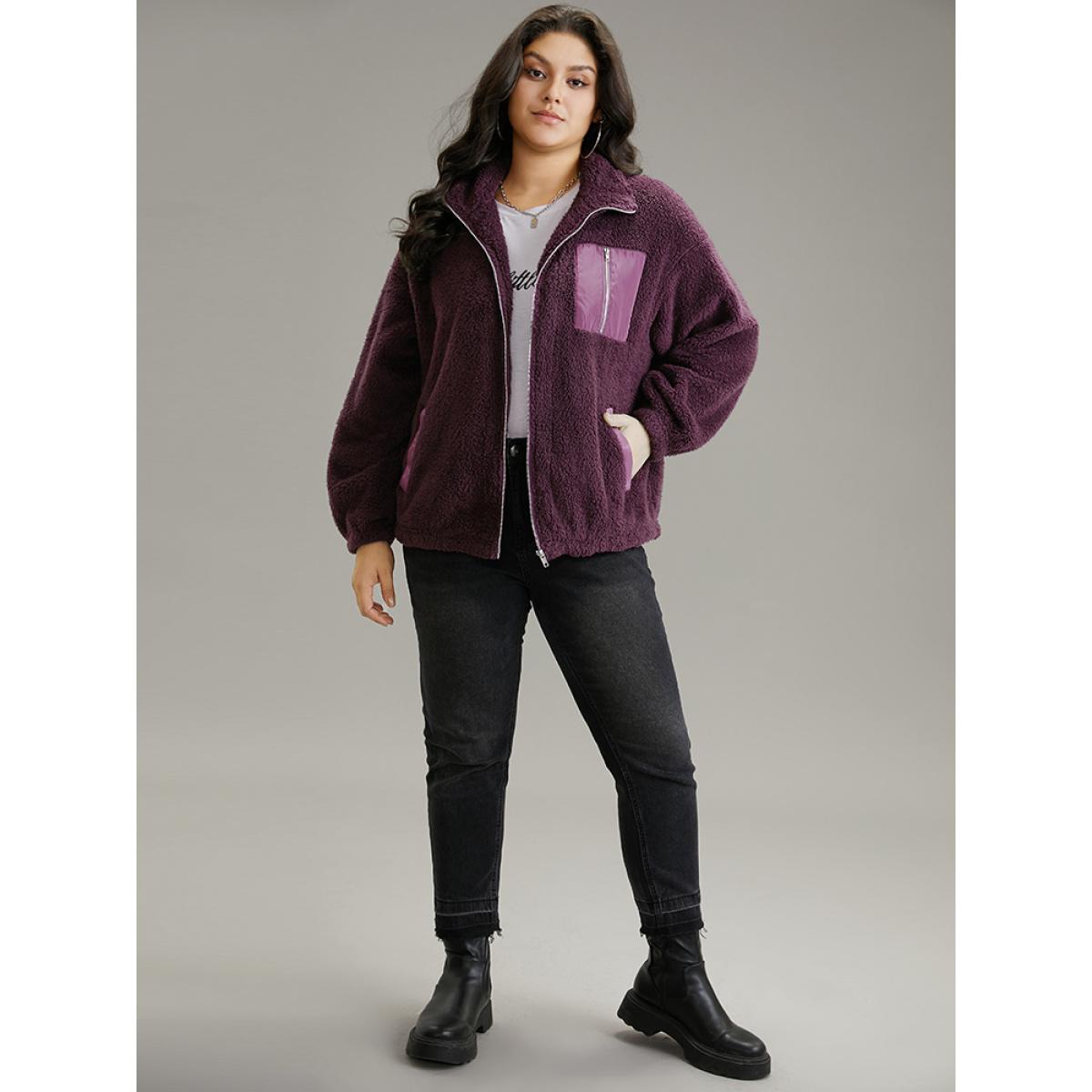 Plus Size Contrast Zipper Pocket Teddy Jacket Women Purple Elastic cuffs Pocket Dailywear Jackets BloomChic 14-16/1X Product Image