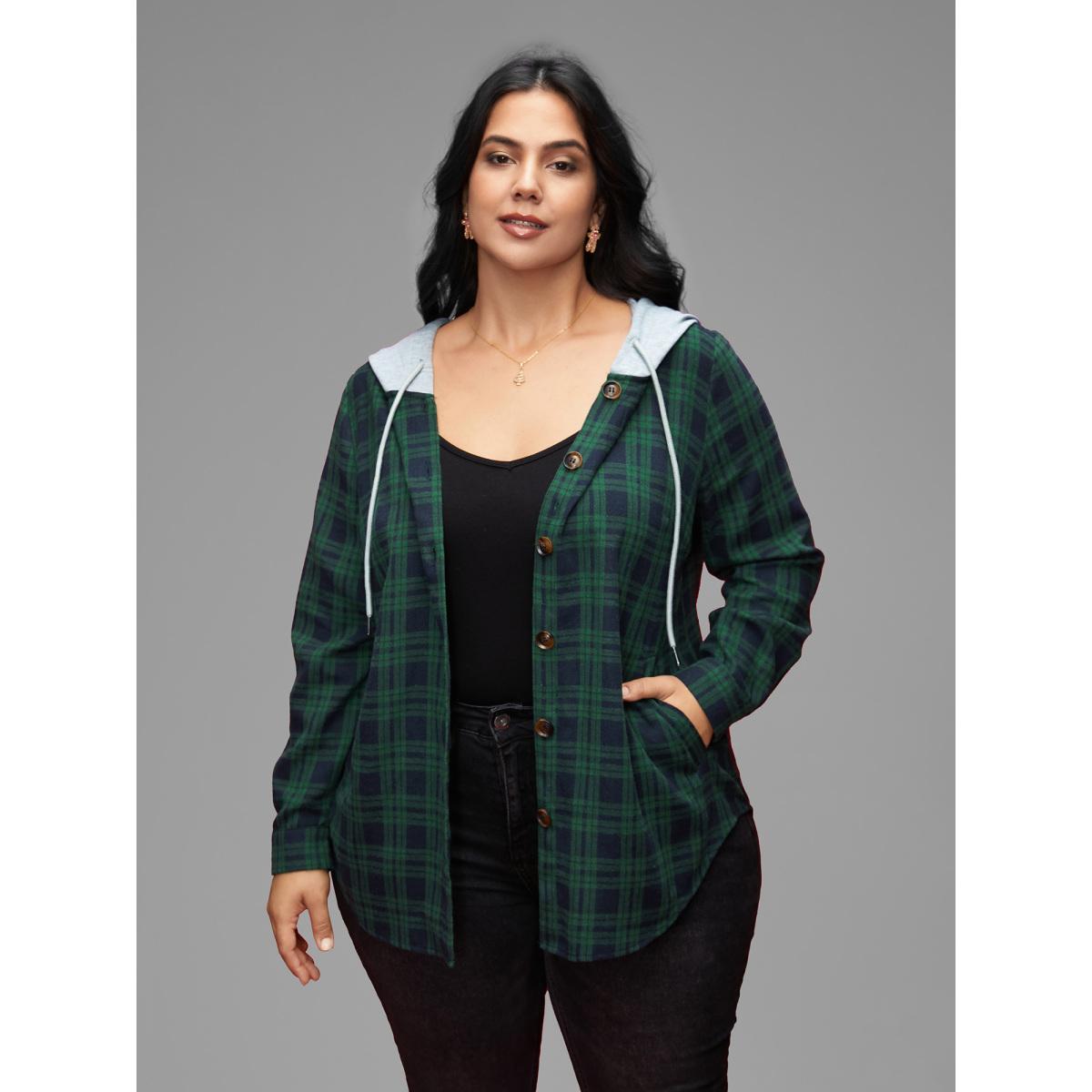 Plus Size Plaid Hooded Drawstring Jacket Women DarkGreen Contrast Slanted pocket Everyday Jackets BloomChic 26/4X Product Image