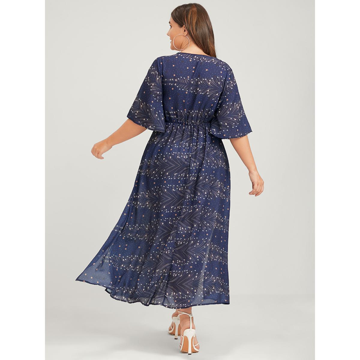 Plus Size Bandana Ruffles Button Split Pocket Ties Wrap Maxi Dress DarkBlue Women Vacation Printed V-neck Half Sleeve Curvy Long Dress BloomChic 14-16/1X Product Image