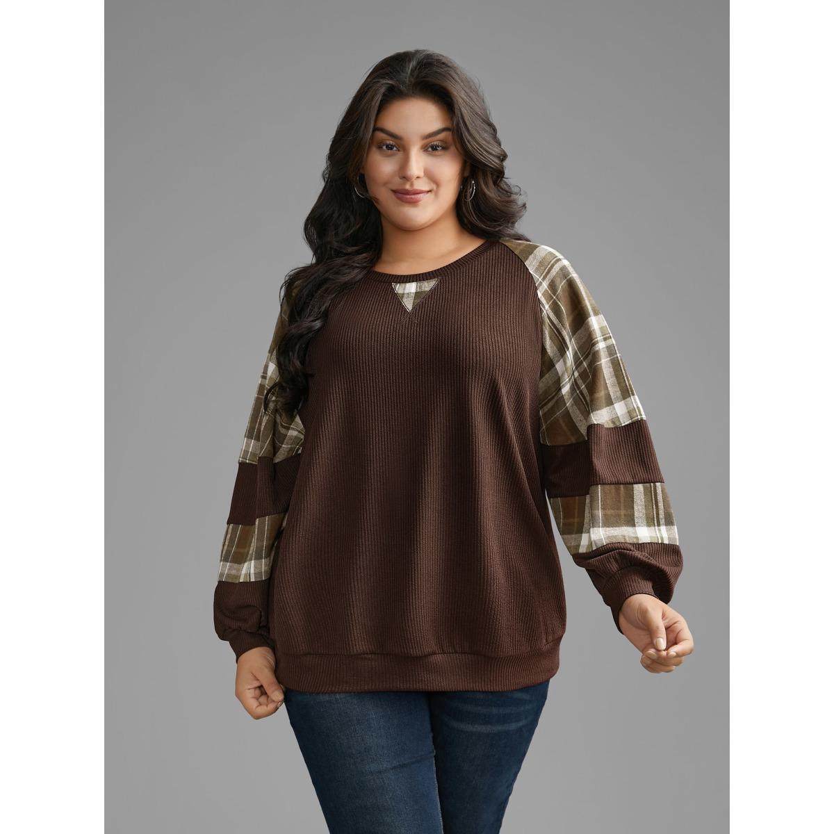 Plus Size Plaid Patchwork Raglan Sleeve Sweatshirt Women Indigo Leisure Texture Round Neck Casual Sweatshirts BloomChic 14-16/1X Product Image
