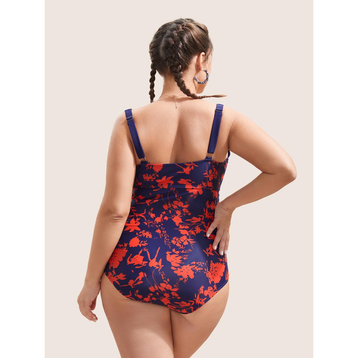 Plus Size Silhouette Floral Ruched Buckle Detail One Piece Swimsuit Women's Swimwear DarkBlue Beach Non Curve Bathing Suits High stretch One Pieces BloomChic 14-16/1X Product Image