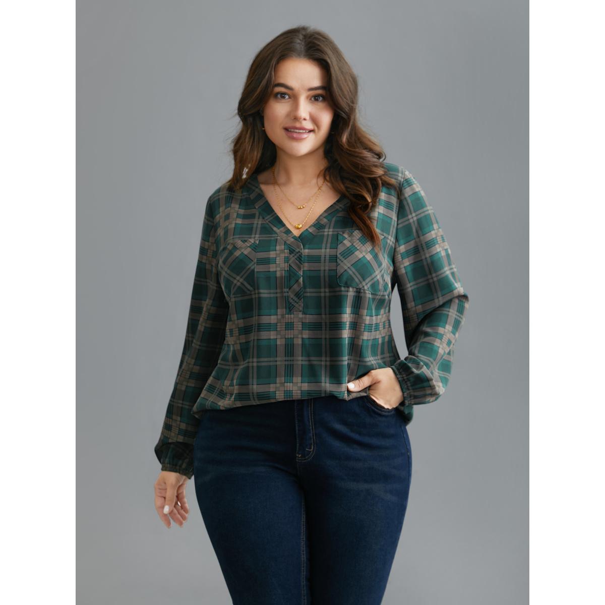 Plus Size DarkSlateGray Plaid Pattern Chest Pocket Blouse Women Elegant Extra Long Sleeve V-neck Everyday Blouses BloomChic 26/4X Product Image