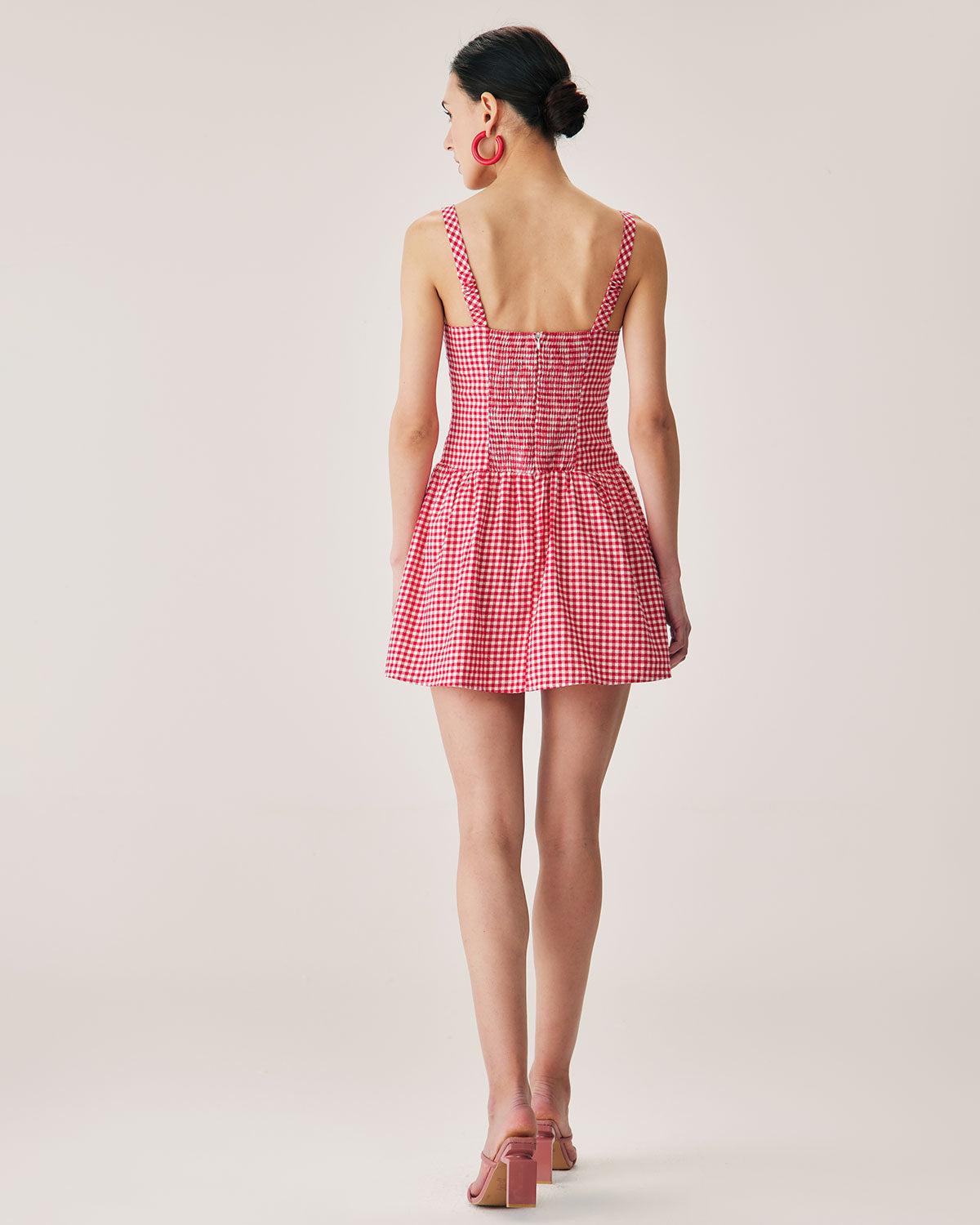 Red Plaid Sweetheart Neck Slip Mini Dress Product Image
