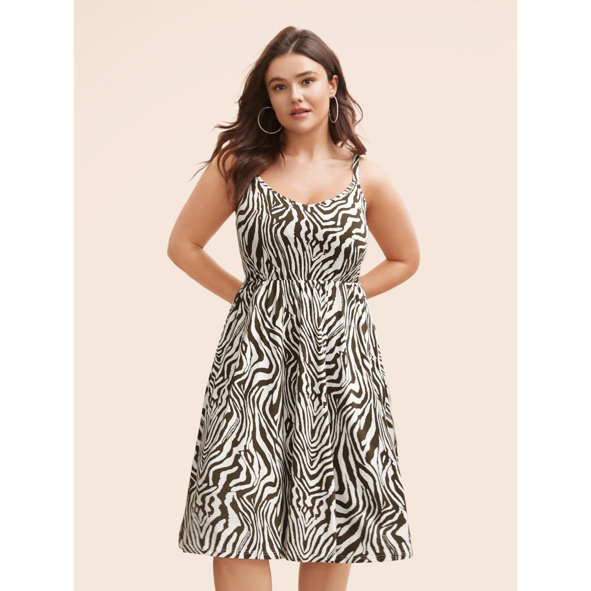 Plus Size Zebra Print Midi Cami Dress Browncoffeecolor Women Casual Non V-neck Sleeveless Curvy BloomChic 26/4X Product Image