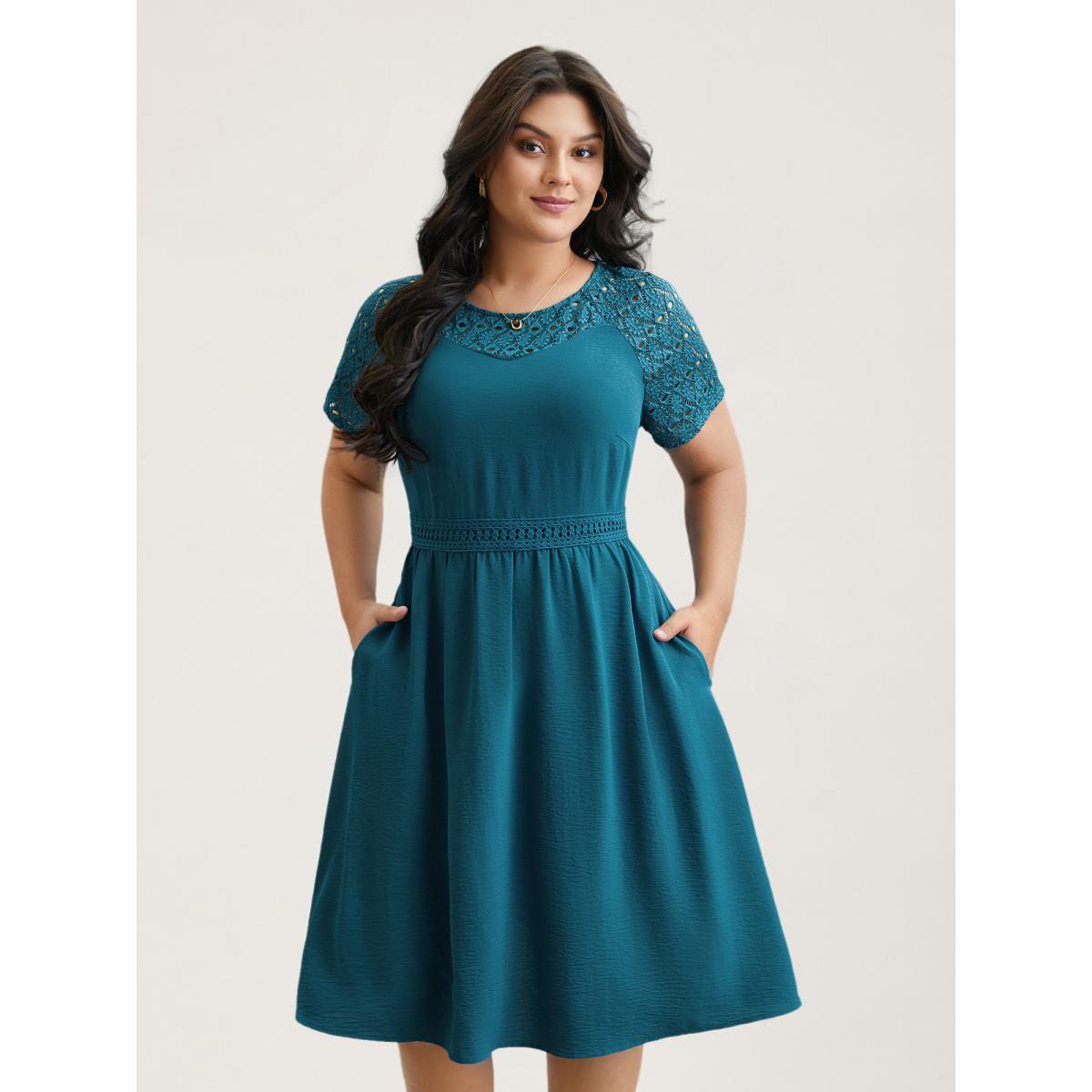 Plus Size Lace Cut-Out Raglan Sleeve Pockets Midi Dress Aegean Women Timeless Woven ribbon&lace trim Round Neck Short sleeve Curvy BloomChic 18-20/2X Product Image