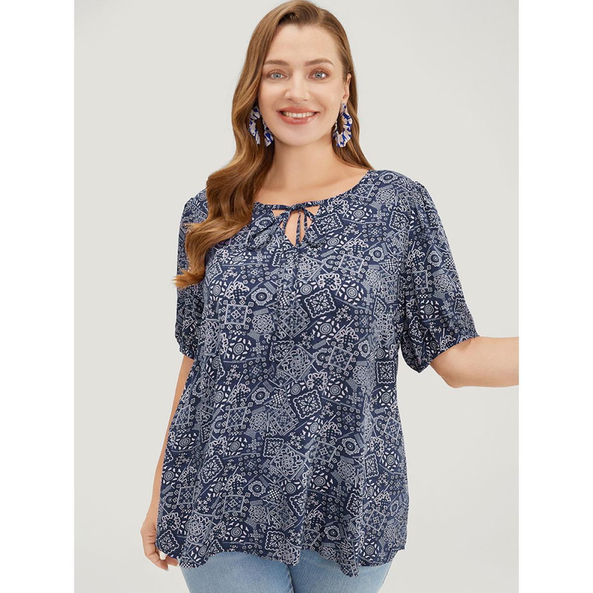 Plus Size Indigo Moroccan Print Keyhole Tie Neck Blouse Women Vacation Short sleeve V-neck Office Blouses BloomChic 28/5X Product Image