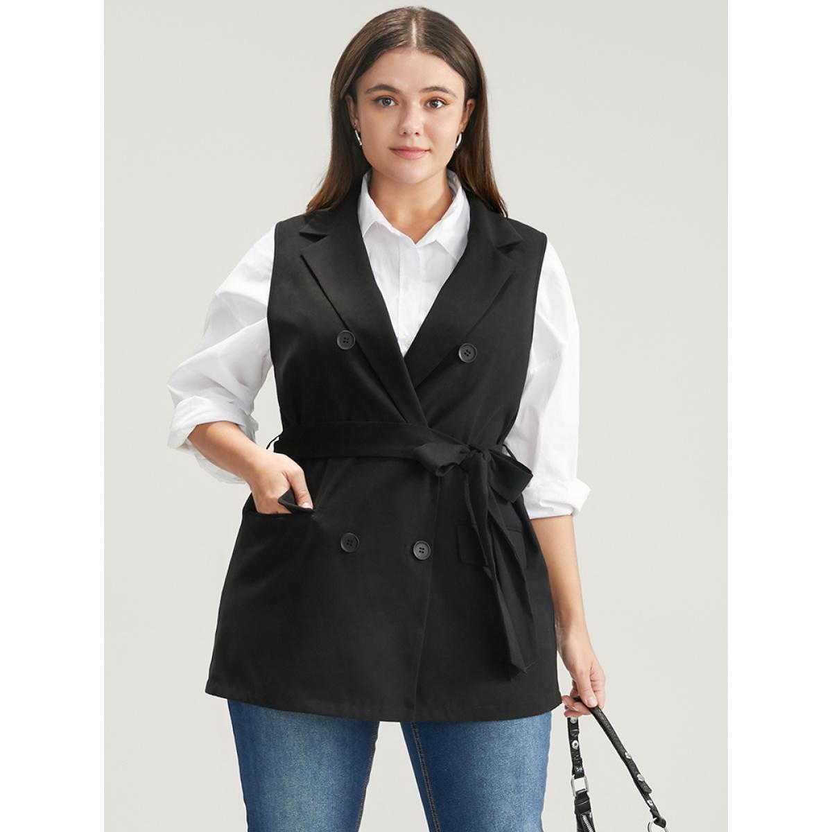 Plus Size Solid Flap Pocket Sleeveless Belt Blazer Black Women Work Plain Belted Sleeveless Sleeveless Lapel Collar 10/M Pocket Belt Office Blazers BloomChic Product Image