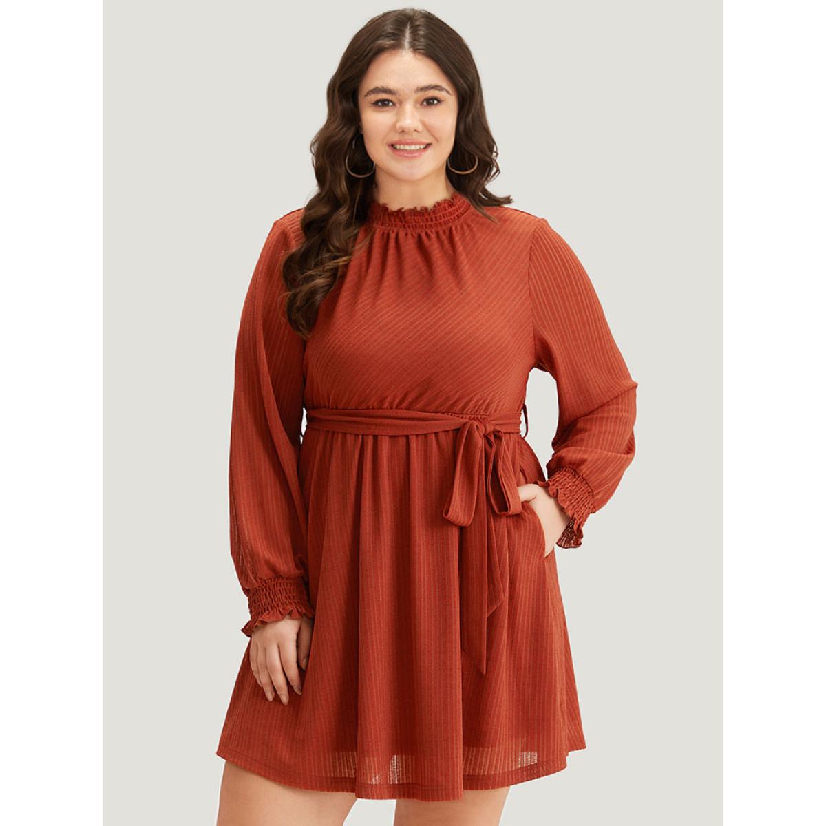 Plus Size Solid Shirred Belted Mock Neck Dress Rust Women Elegant Texture Mock Neck Long Sleeve Curvy Midi Dress BloomChic 18-20/2X Product Image