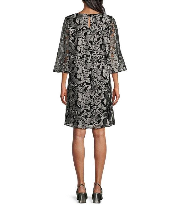Caroline Rose Bella Soiree Embroidered Mesh Lace 3/4 Bell Sleeve Shift Dress Product Image