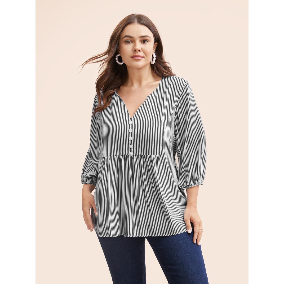 Plus Size Black Striped Gathered Button Detail Lantern Sleeve Blouse Women Elegant Elbow-length sleeve V-neck Everyday Blouses BloomChic 26/4X Product Image